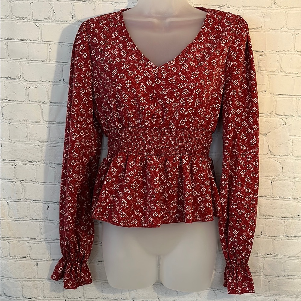 SHEIN Red Floral Smocked Peplum Long Sleeve Top